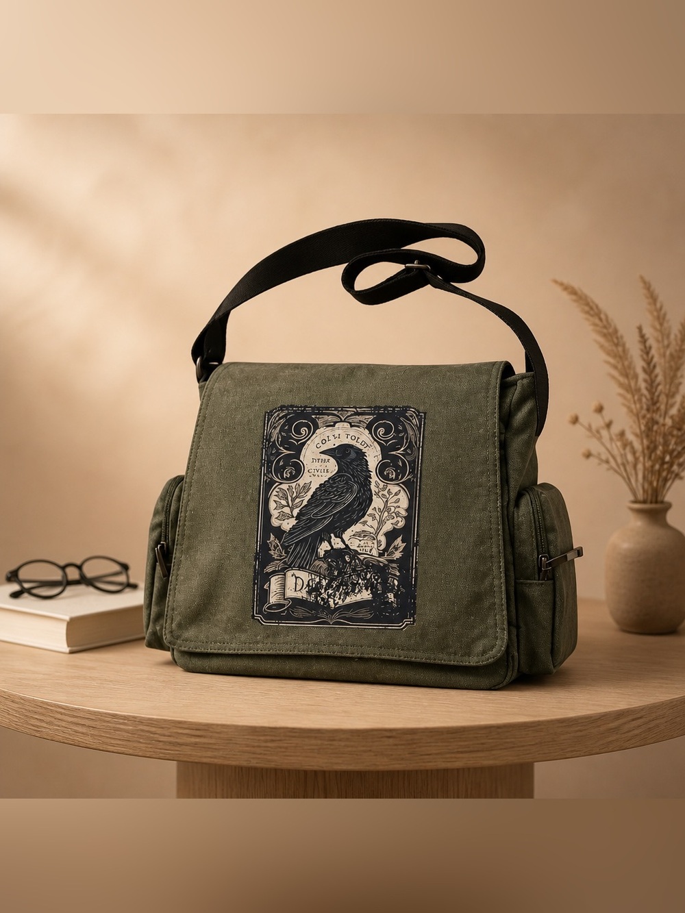 Canvas Messenger Bag with Raven Print - Olive Green